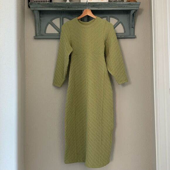 NWOT Free People Gabby Seamless MIDI Dress Green Long Sleeve Texture Open Back - Picture 6 of 11
